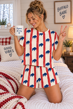 Women's Buffalo Stripe Pajama Set — Red & Navy Americana Sleep Shorts Top