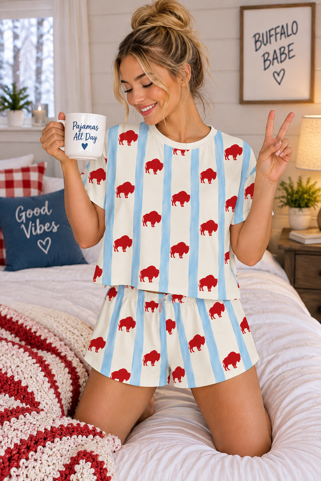 Buffalo Print Women's Pajama Set — Red & Blue Holiday Short Sleepwear