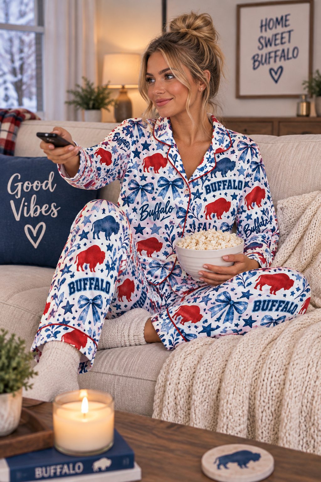 Buffalo Print Women’s Satin Pajama Set — Red & Blue Graphic Sleepwear