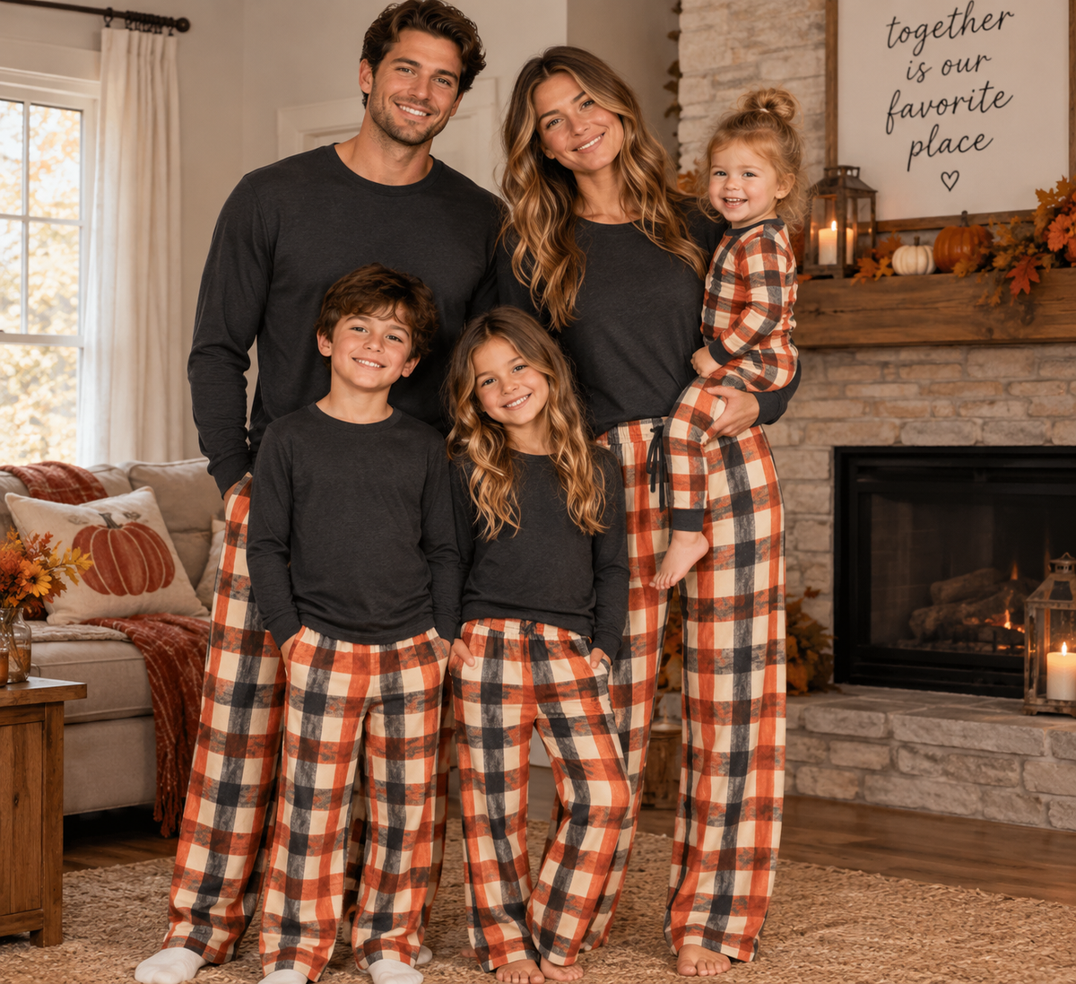 Plaid Pajama Pants — Orange & Black Buffalo Check Lounge Trousers