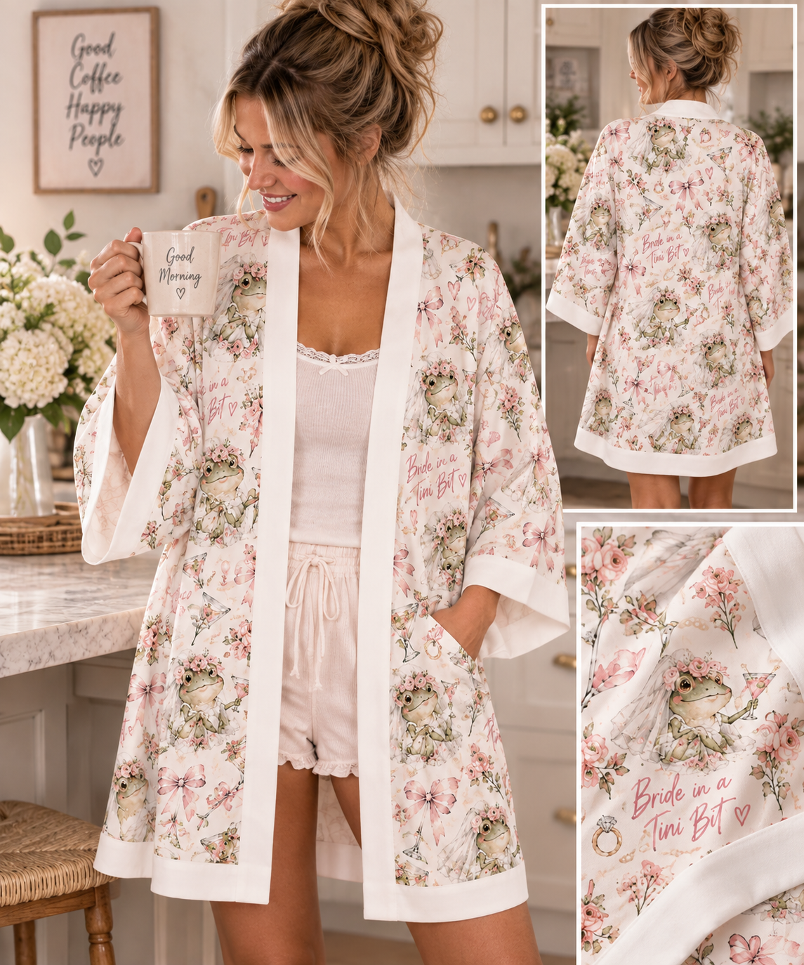 Bride in a tini bit, Bridal Kimono Robe – 'Bride to Be' Floral Long-Sleeve Robe