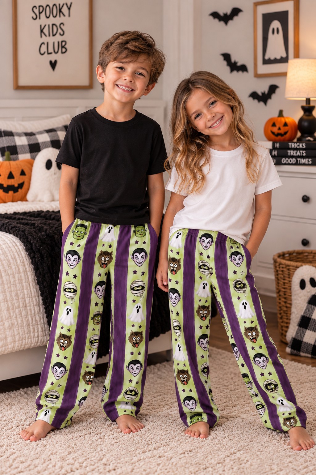 Kids Halloween Lounge Pants — Green Monster Stripe Pajama Bottoms