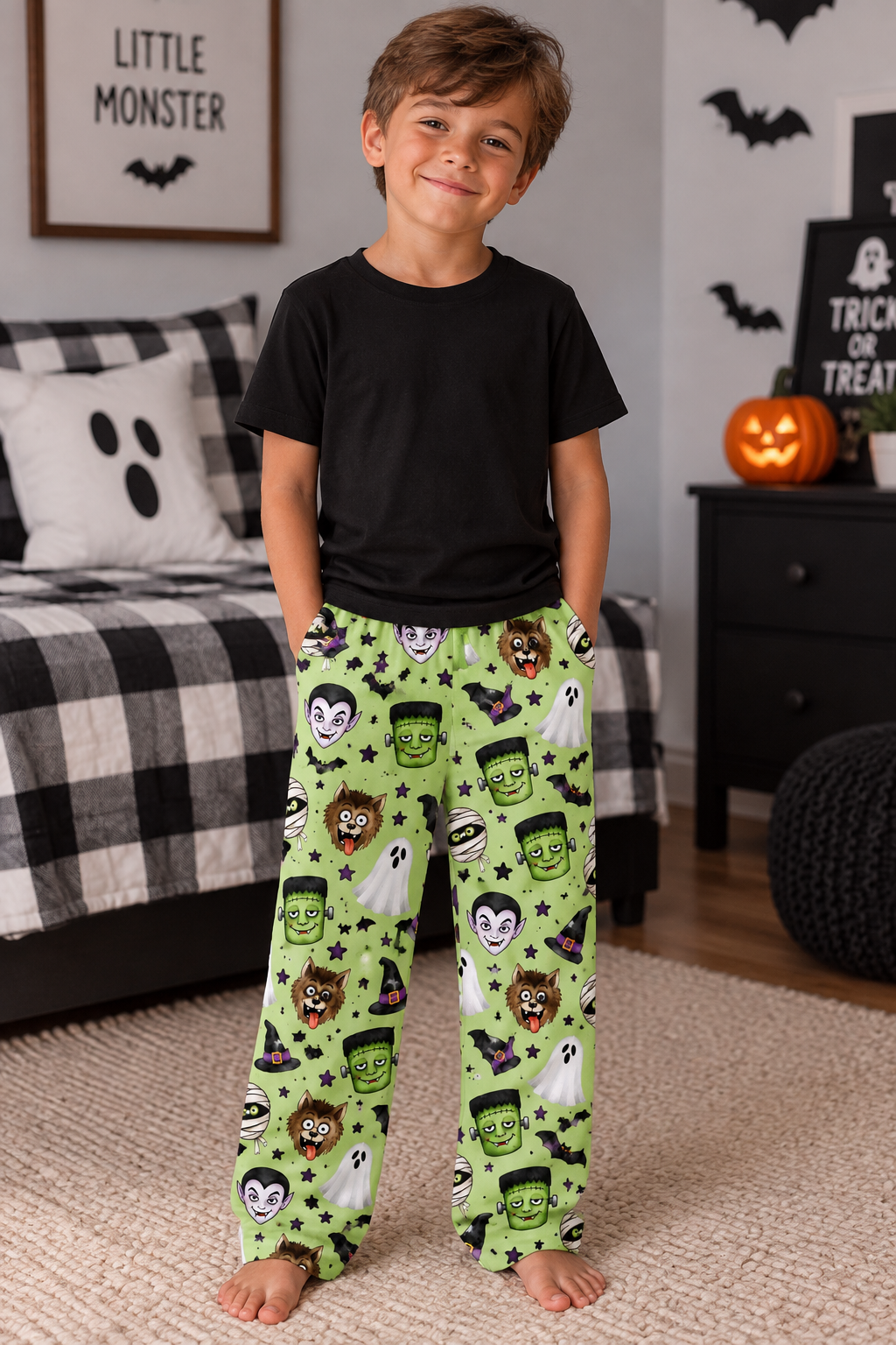 Kids Halloween Lounge Pants - Cute Monster & Ghost All-Over Print