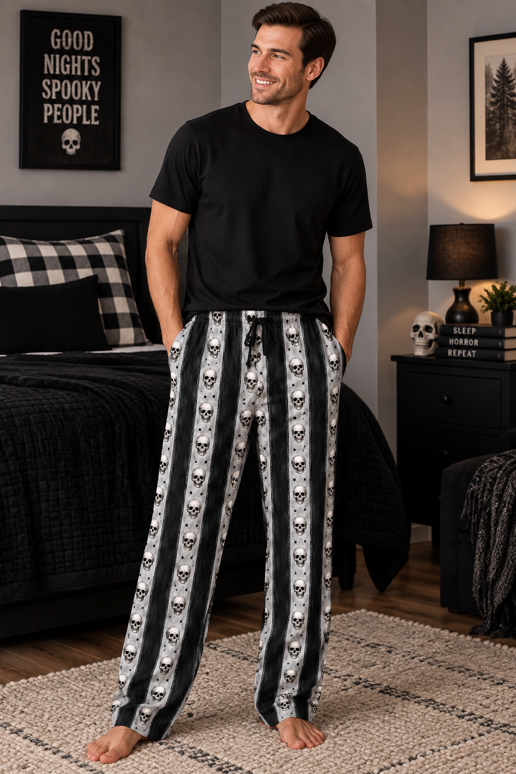 Skull Stripe Pajama Pants — Men's Gothic Lounge Sleepwear