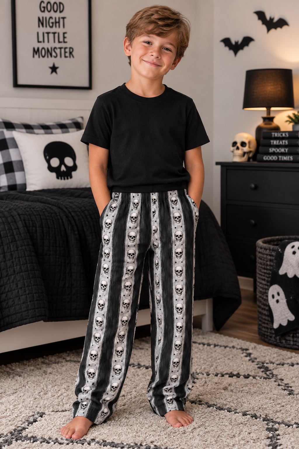 Kids Skull Striped Lounge Pants — Gothic Halloween Pajama Bottoms