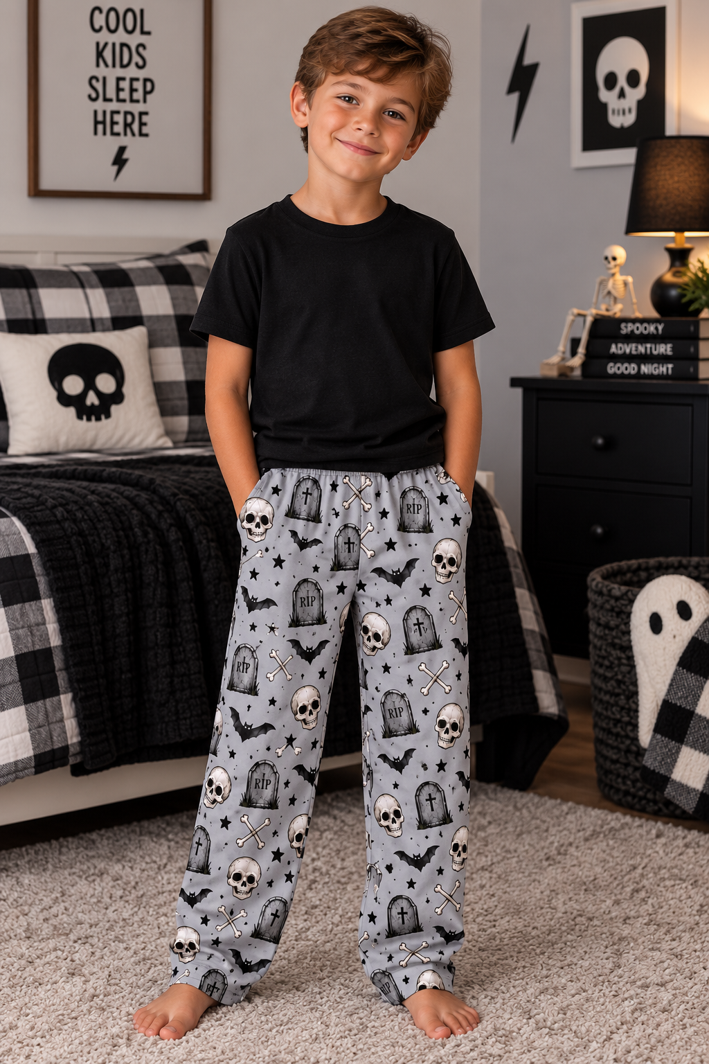 Kids Halloween Lounge Pants — Spooky Skulls & Bats All-Over Print