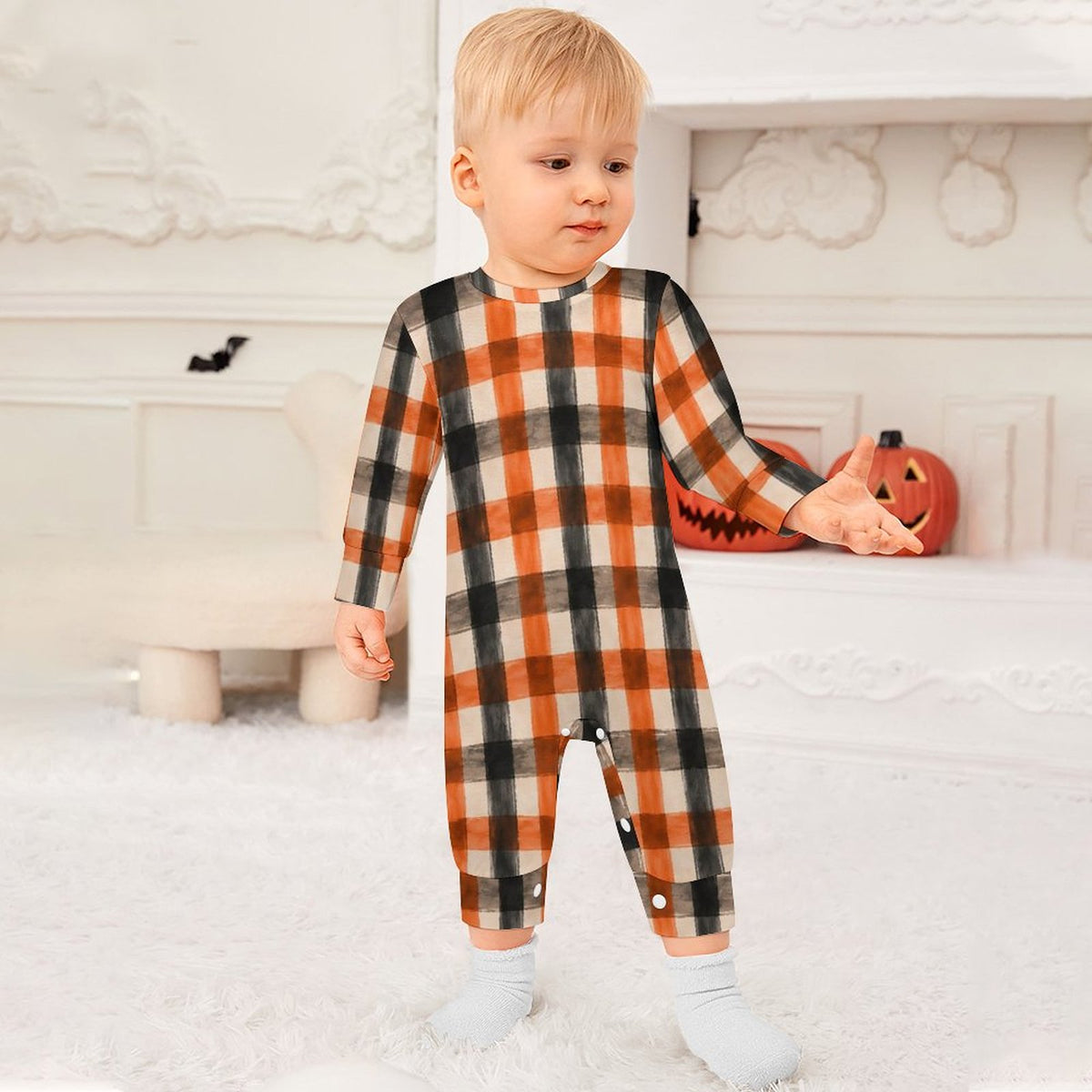 Halloween Plaid, Cotton Long Sleeve Infant Bodysuit (All-Over Printing)