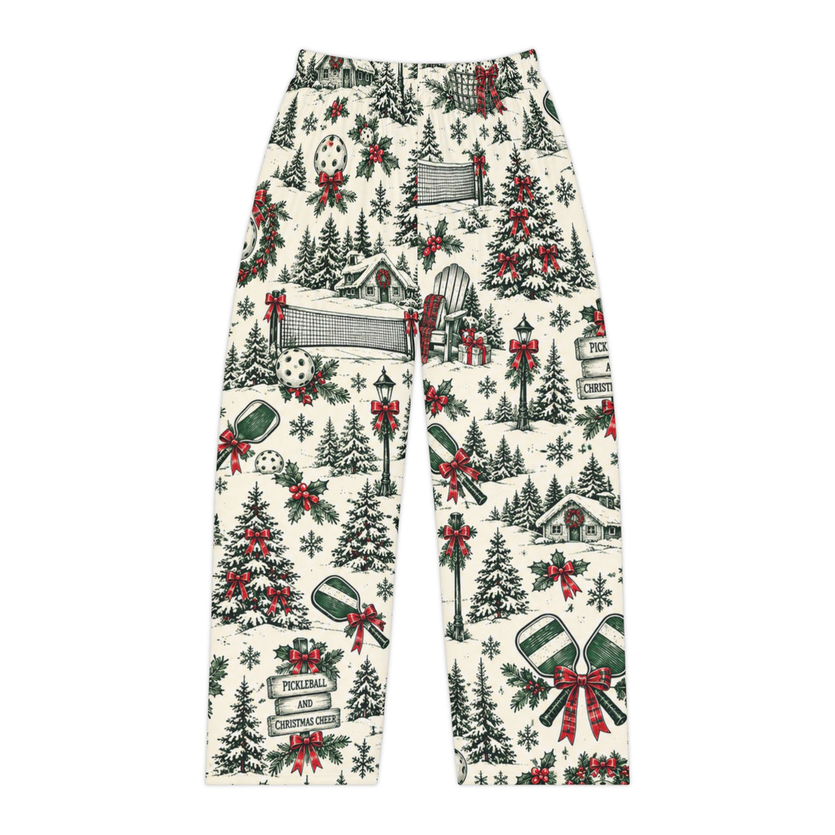 Christmas Village Pickleball Pattern Pajama Pants | Holiday Winter Trees & Wreaths