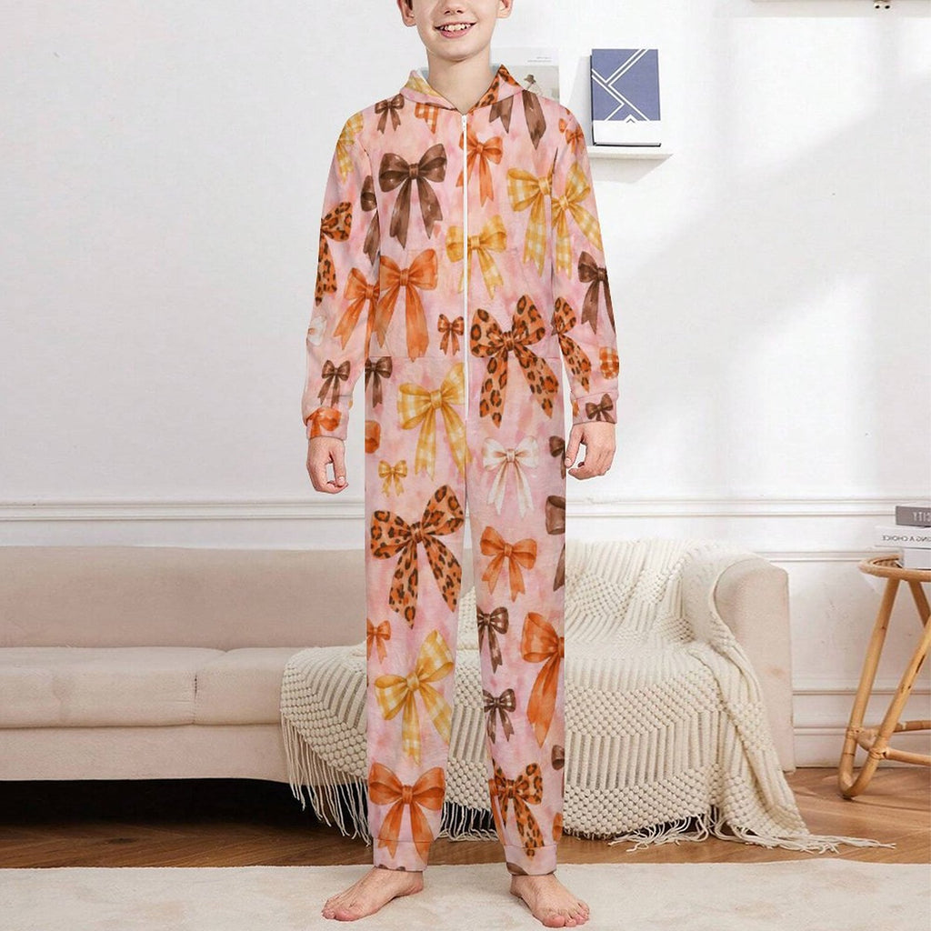 Fall Bows, 250gsm Flannel Footless Zip up Kid Jumpsuit Pajamas(All-Over Printing)