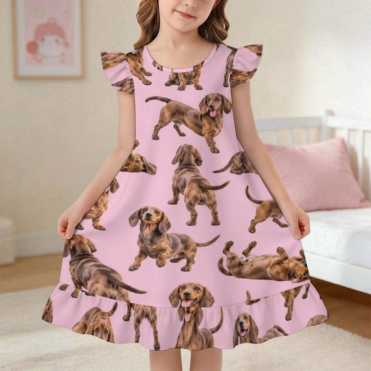 Dog Lover, Pet Owner,  Girls Short Sleeve Ruffle Nightgown(All-Over Printing)