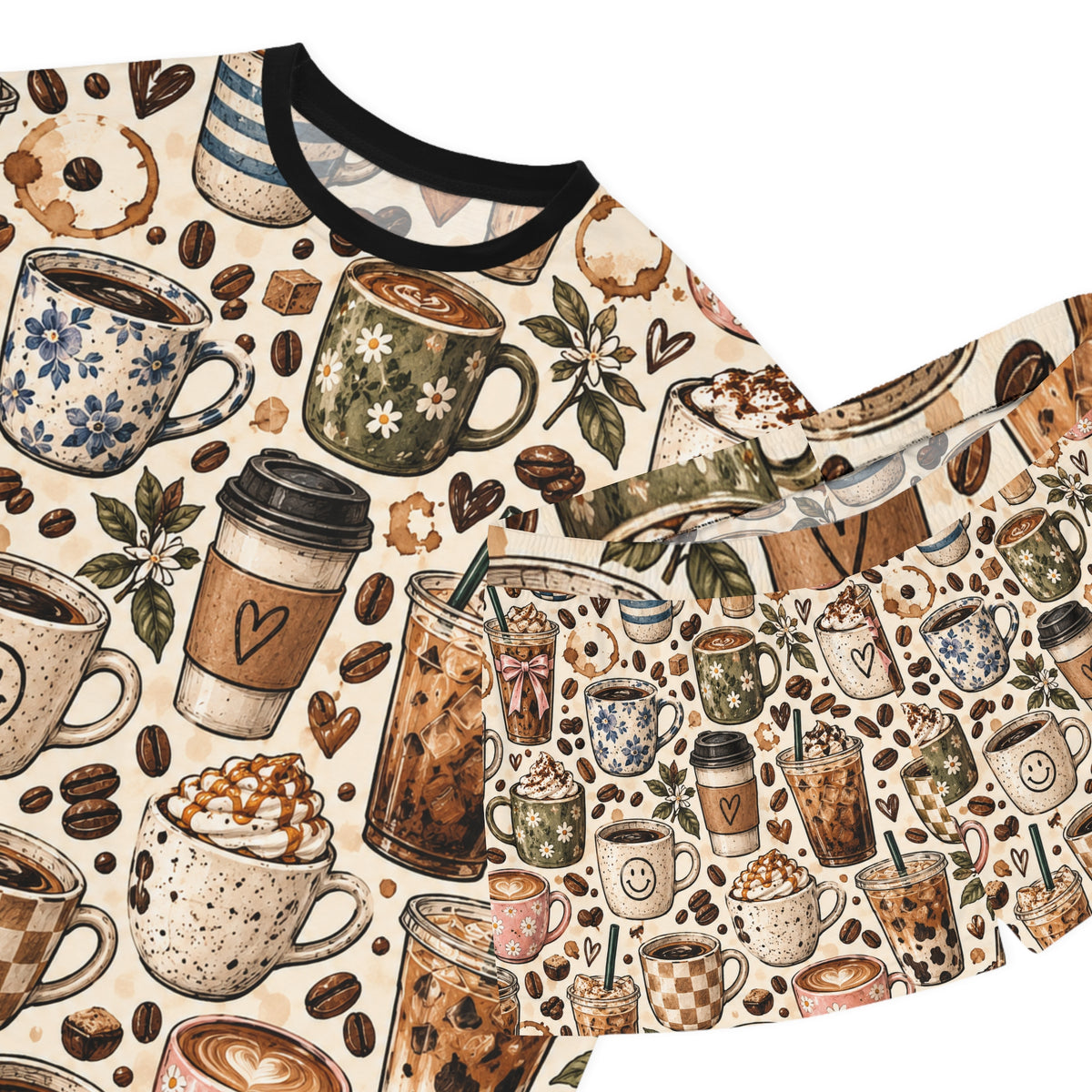 Coffee Lover Women’s Short Pajama Set — Cute Mug & Latte All-Over Print