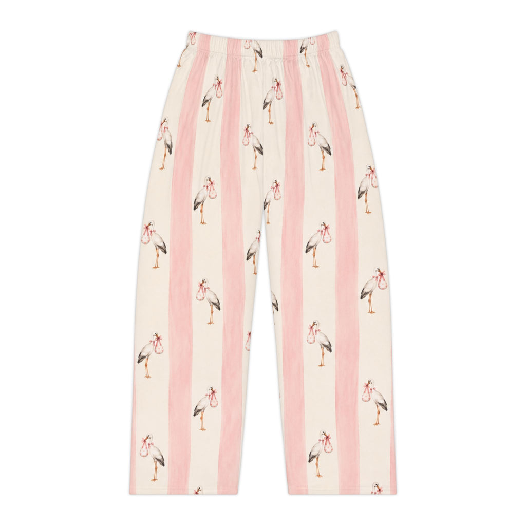 Stork Print Women's Pajama Pants — Blue & Cream Striped Lounge Sleepwear