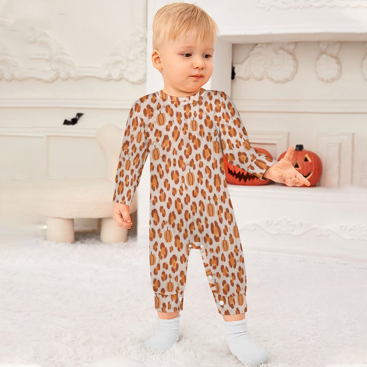 Pumpkin Leopard Print, Cotton Long Sleeve Infant Bodysuit (All-Over Printing)