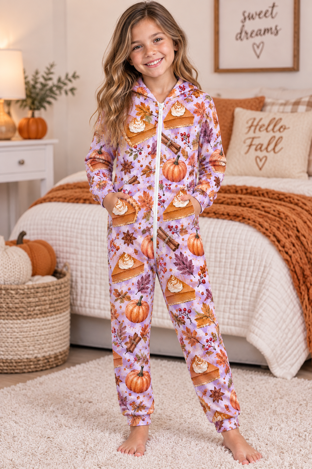 Pumpkin pie, 250gsm Flannel Footless Zip up Kid Jumpsuit Pajamas(All-Over Printing)