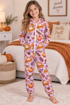 Pumpkin pie, 250gsm Flannel Footless Zip up Kid Jumpsuit Pajamas(All-Over Printing)