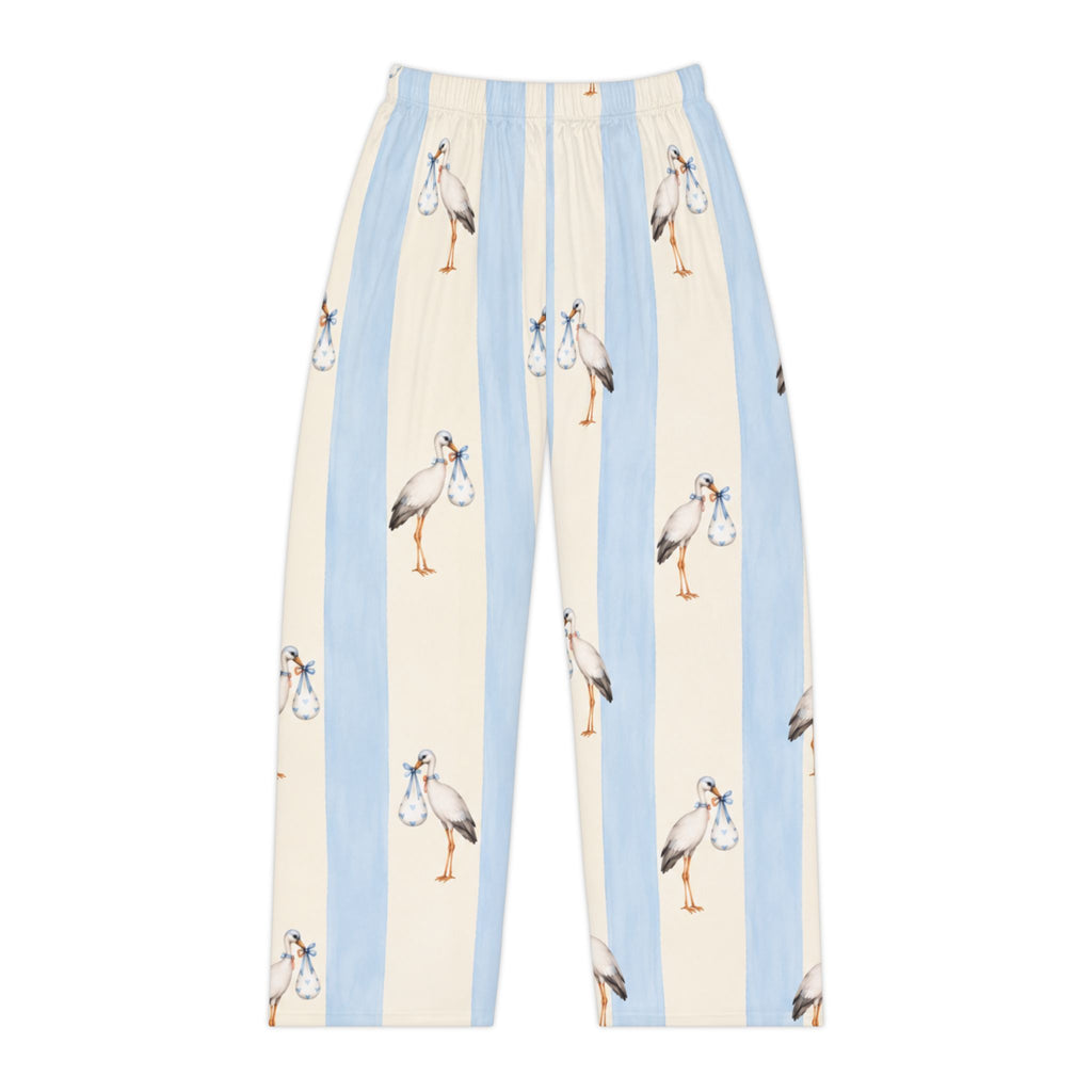 Stork Print Women's Pajama Pants — Blue & Cream Striped Lounge Sleepwear