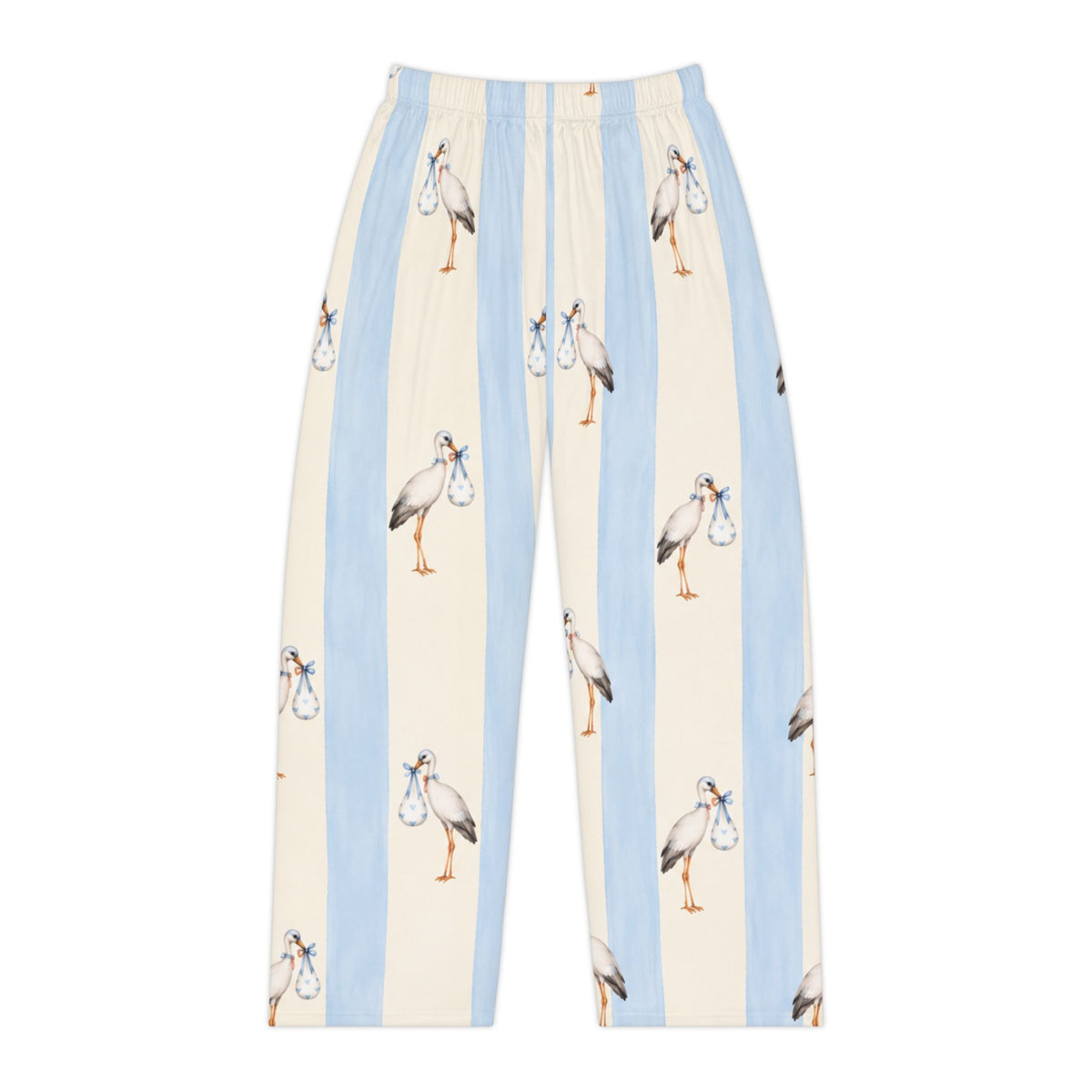 Stork Print Women's Pajama Pants — Blue & Cream Striped Lounge Sleepwear