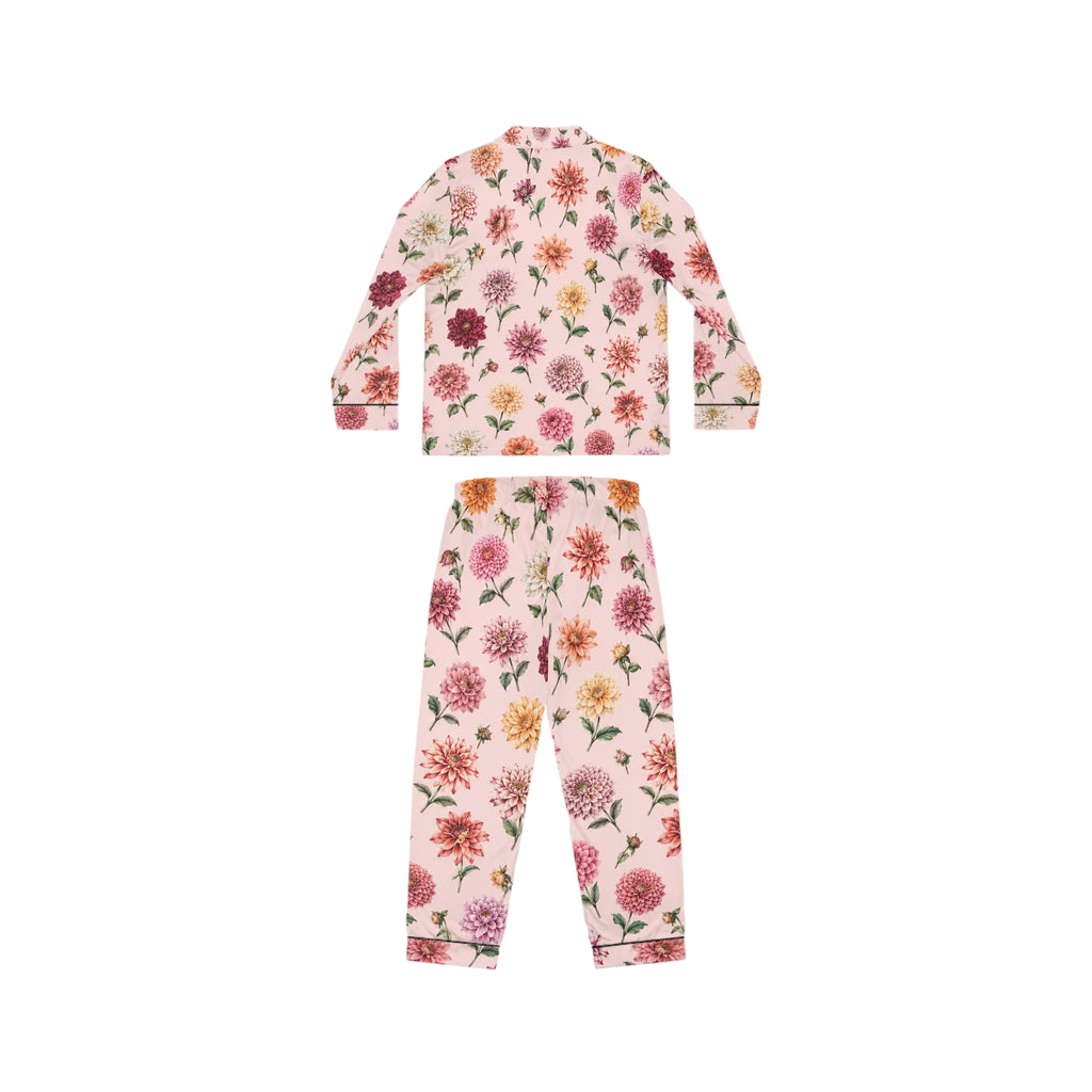 Vintage Floral dahlia Pink Satin Pajamas | Floral Print Pajama Set