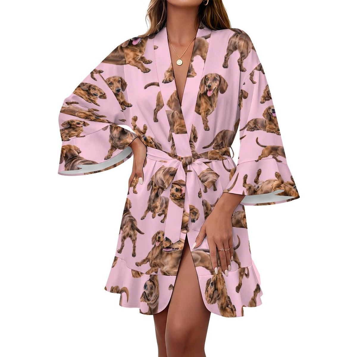 120gsm Women's Ruffle Long Sleeve Robe(All-Over Printing)