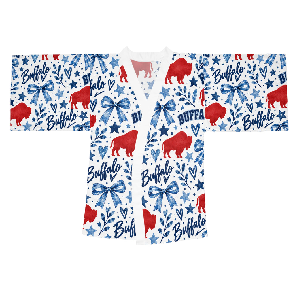 Buffalo Watercolor Kimono Robe — Red & Blue Buffalo Pattern