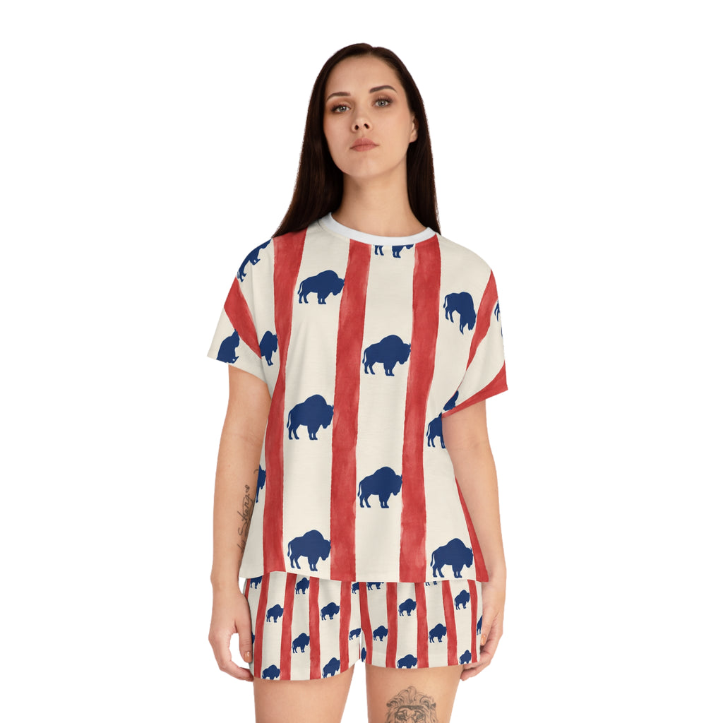 Women's Buffalo Stripe Pajama Set — Red & Navy Americana Sleep Shorts Top