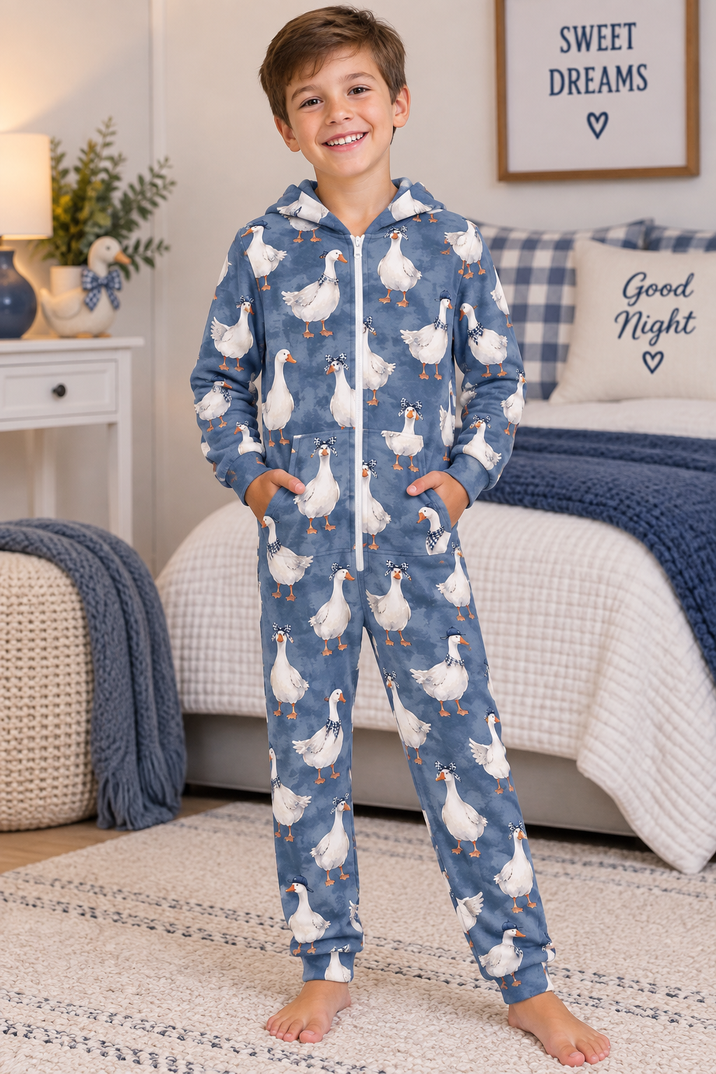Silly goose,  denim- 250gsm Flannel Footless Zip up Kid Jumpsuit Pajamas(All-Over Printing)