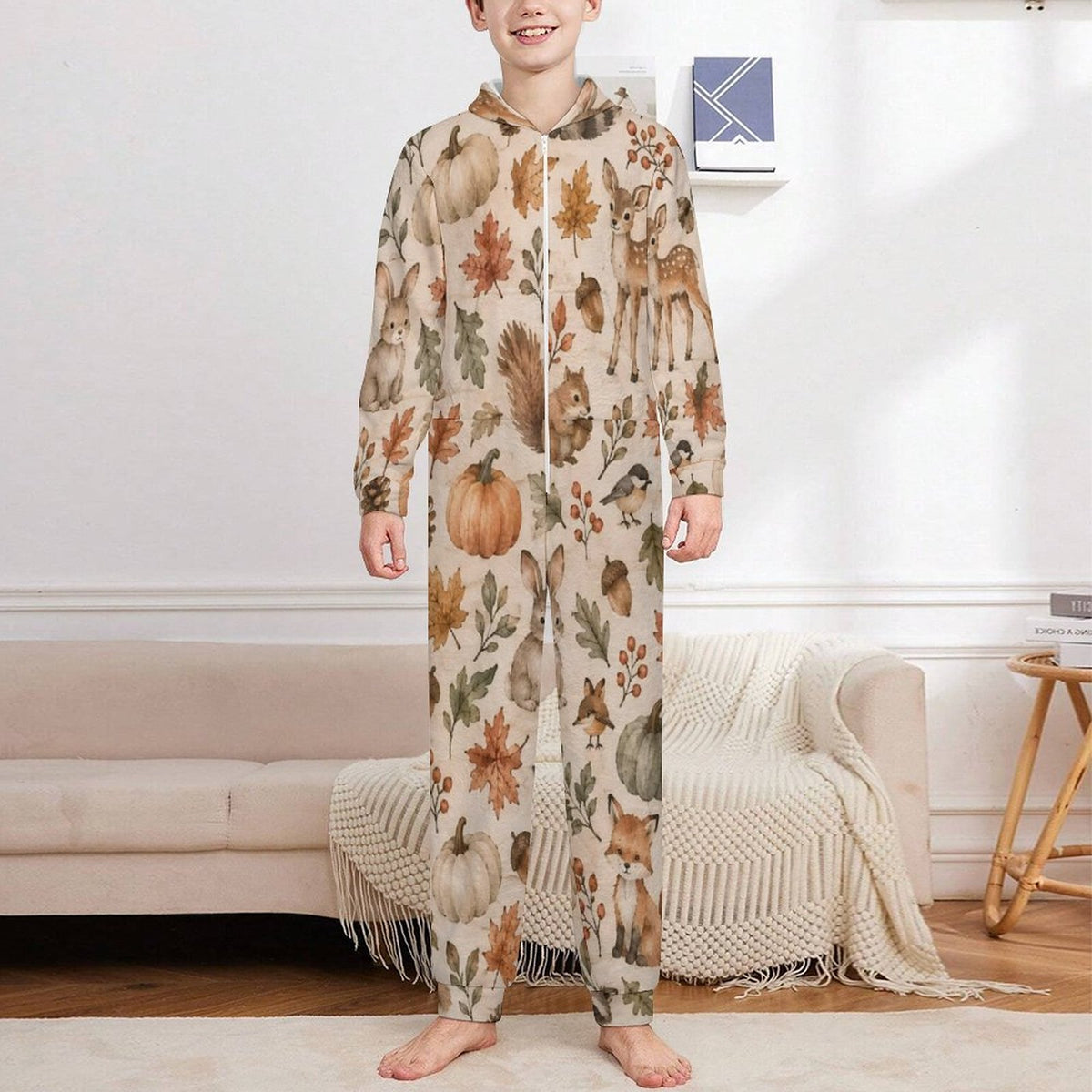Autumn, Flannel Footless Zip up Kid Jumpsuit Pajamas(All-Over Printing)