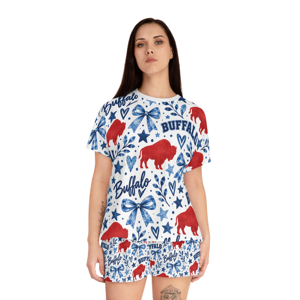 Buffalo Print Women's Pajama Set — Red & Blue Holiday Short Sleepwear