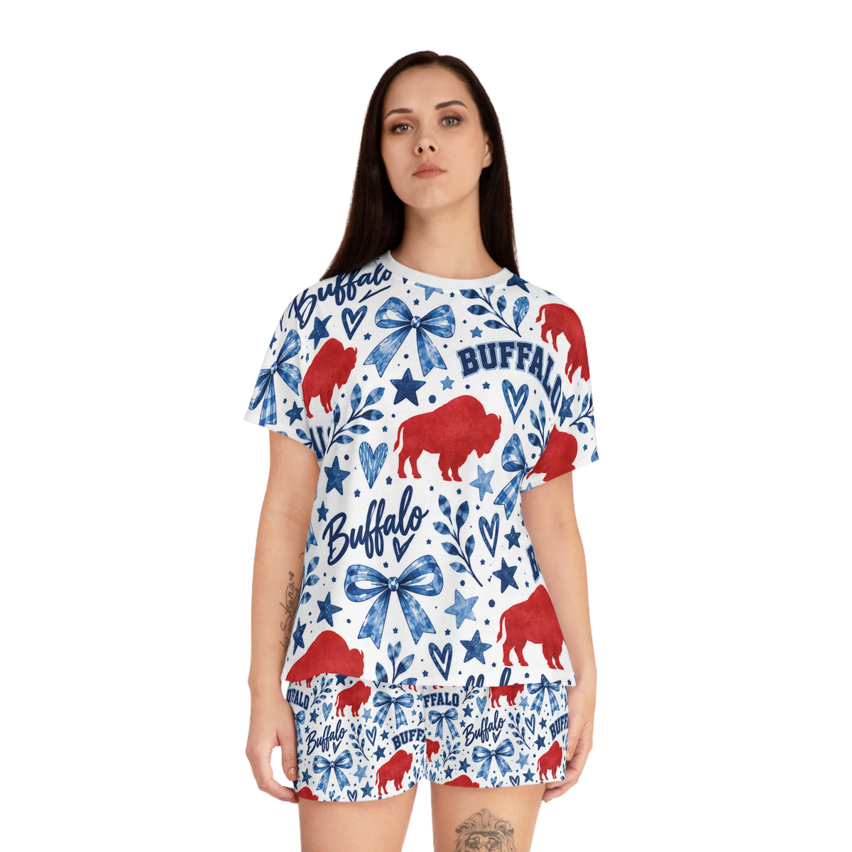 Buffalo Print Women's Pajama Set — Red & Blue Holiday Short Sleepwear