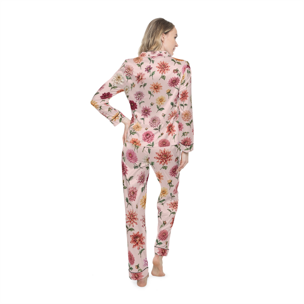 Vintage Floral dahlia Pink Satin Pajamas | Floral Print Pajama Set