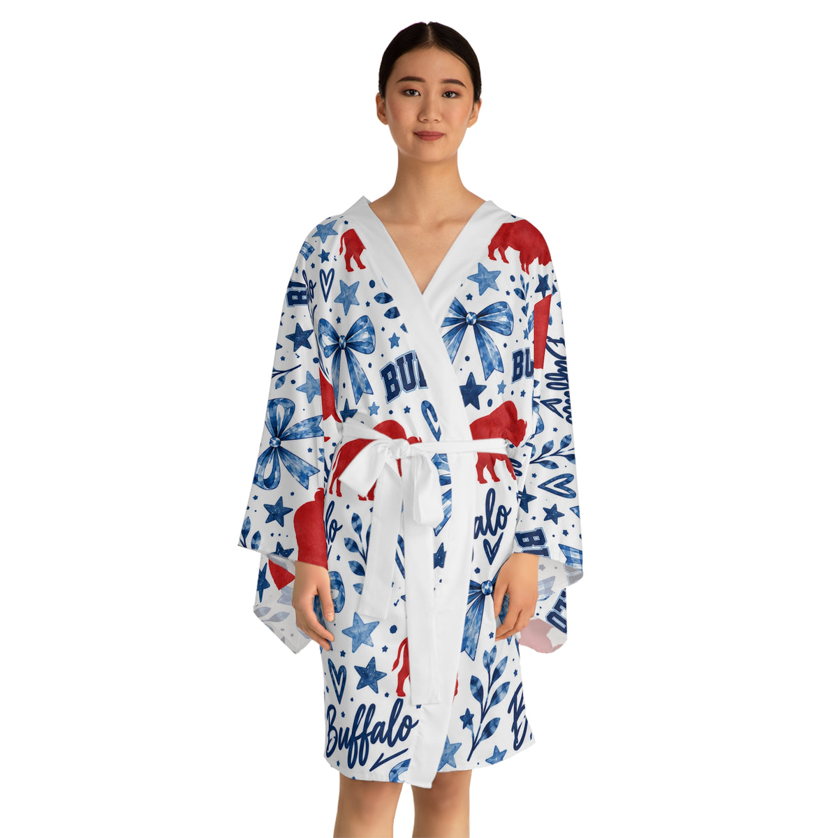 Buffalo Watercolor Kimono Robe — Red & Blue Buffalo Pattern