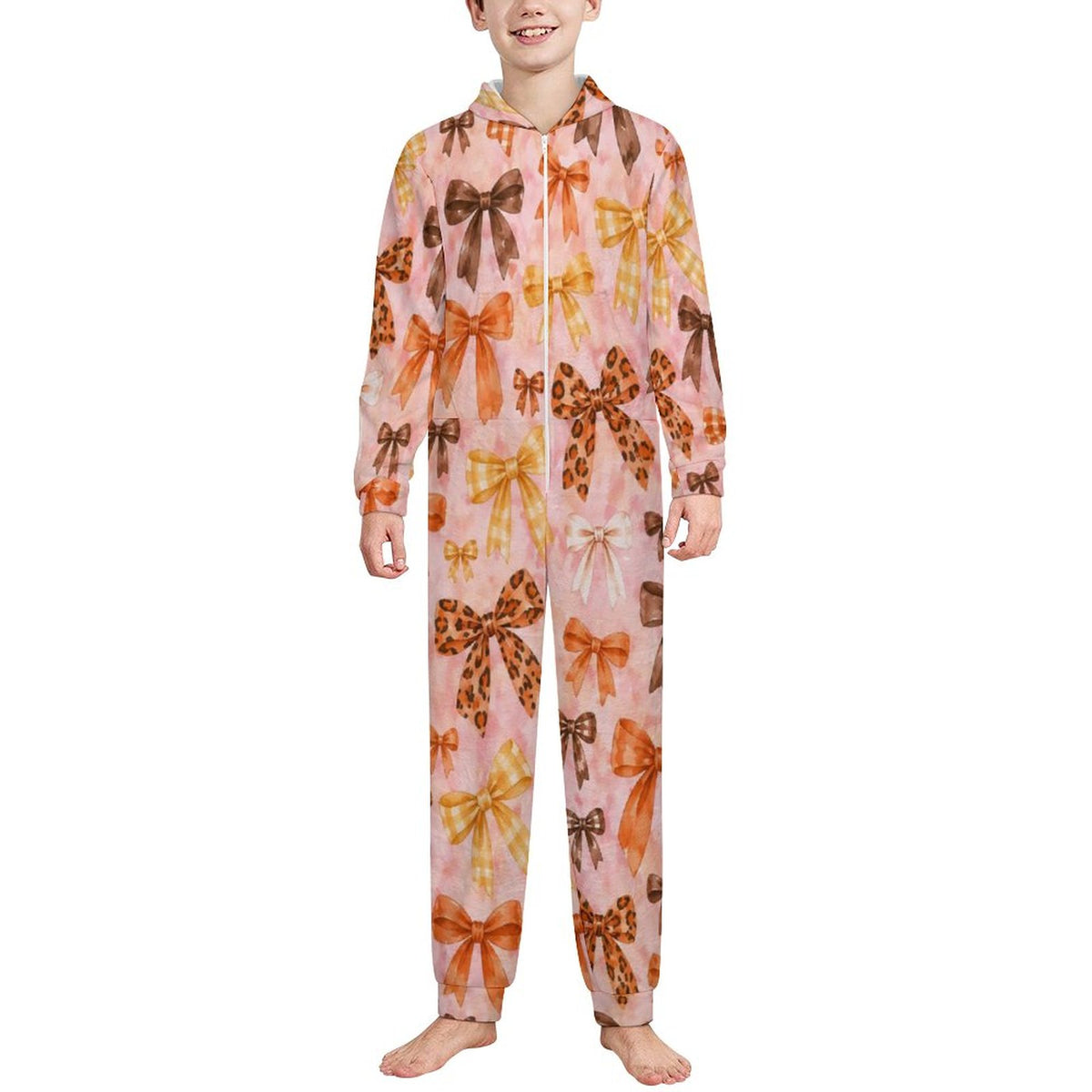 Fall Bows, 250gsm Flannel Footless Zip up Kid Jumpsuit Pajamas(All-Over Printing)