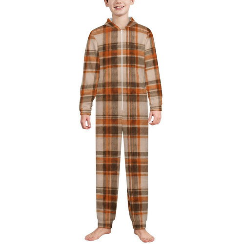 Autumn Plaid, 250gsm Flannel Footless Zip up Kid Jumpsuit Pajamas(All-Over Printing)