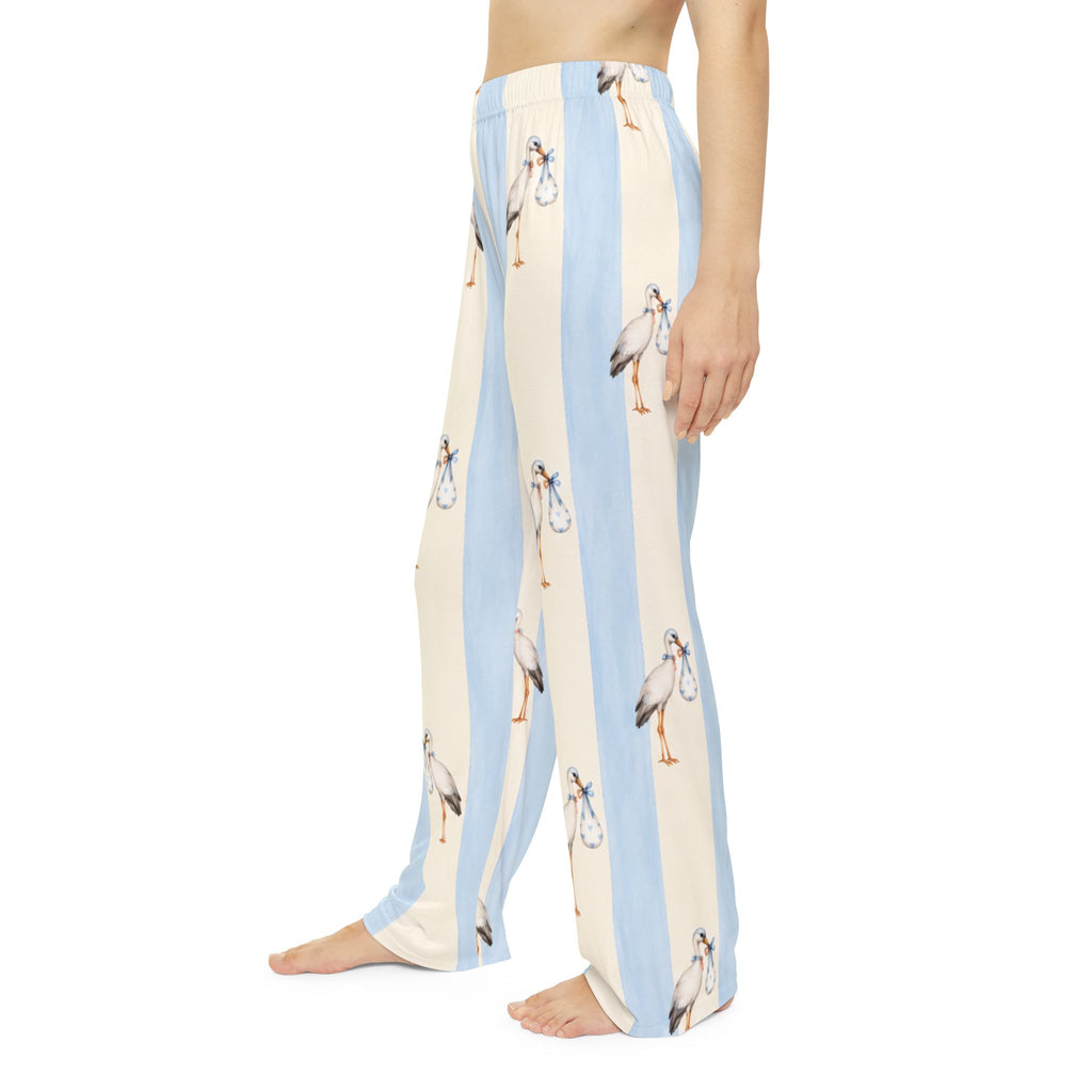 Stork Print Women's Pajama Pants — Blue & Cream Striped Lounge Sleepwear