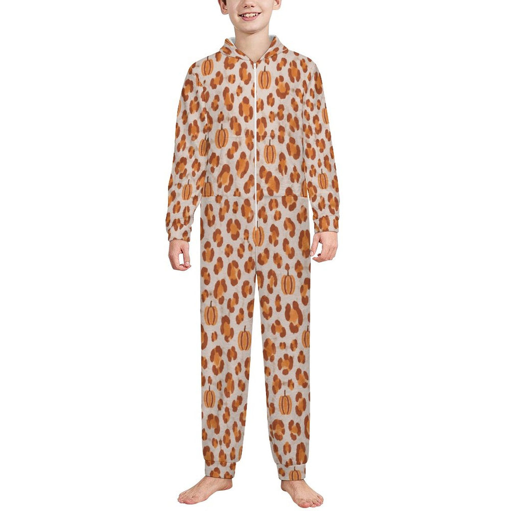 Pumpkin Leopard Print, 250gsm Flannel Footless Zip up Kid Jumpsuit Pajamas(All-Over Printing)