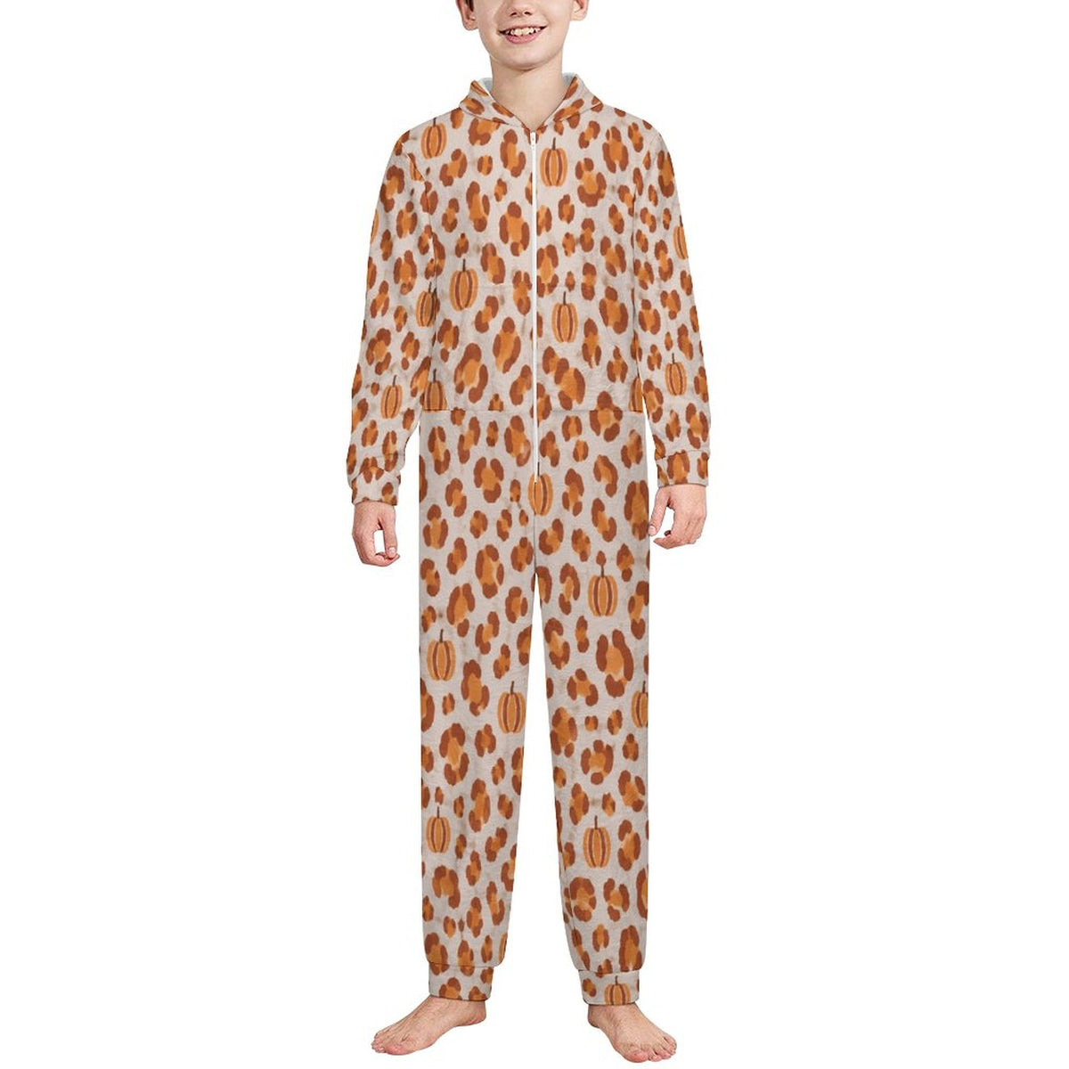 Pumpkin Leopard Print, 250gsm Flannel Footless Zip up Kid Jumpsuit Pajamas(All-Over Printing)