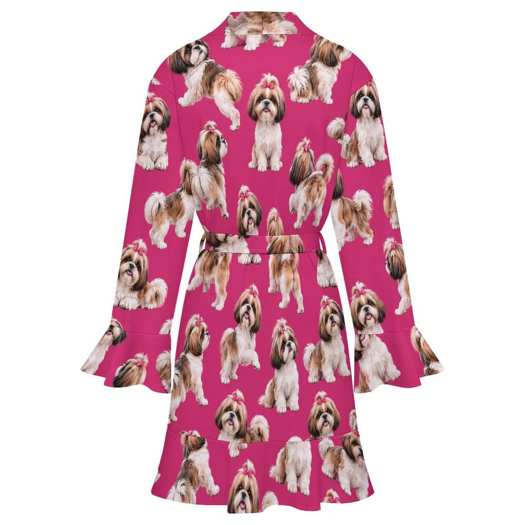 120gsm Women's Ruffle Long Sleeve Robe(All-Over Printing)