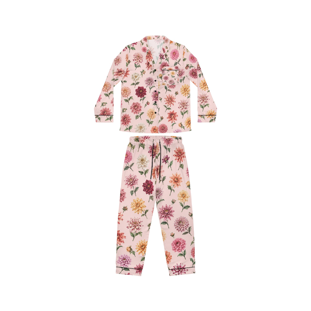 Vintage Floral dahlia Pink Satin Pajamas | Floral Print Pajama Set