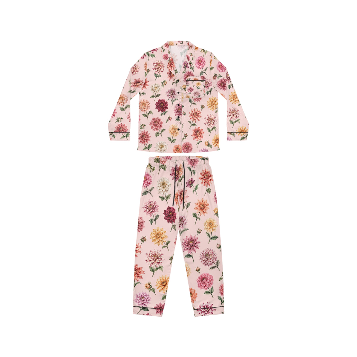Vintage Floral dahlia Pink Satin Pajamas | Floral Print Pajama Set