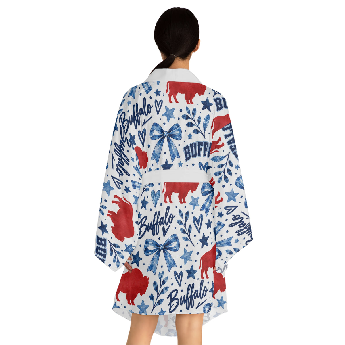 Buffalo Watercolor Kimono Robe — Red & Blue Buffalo Pattern