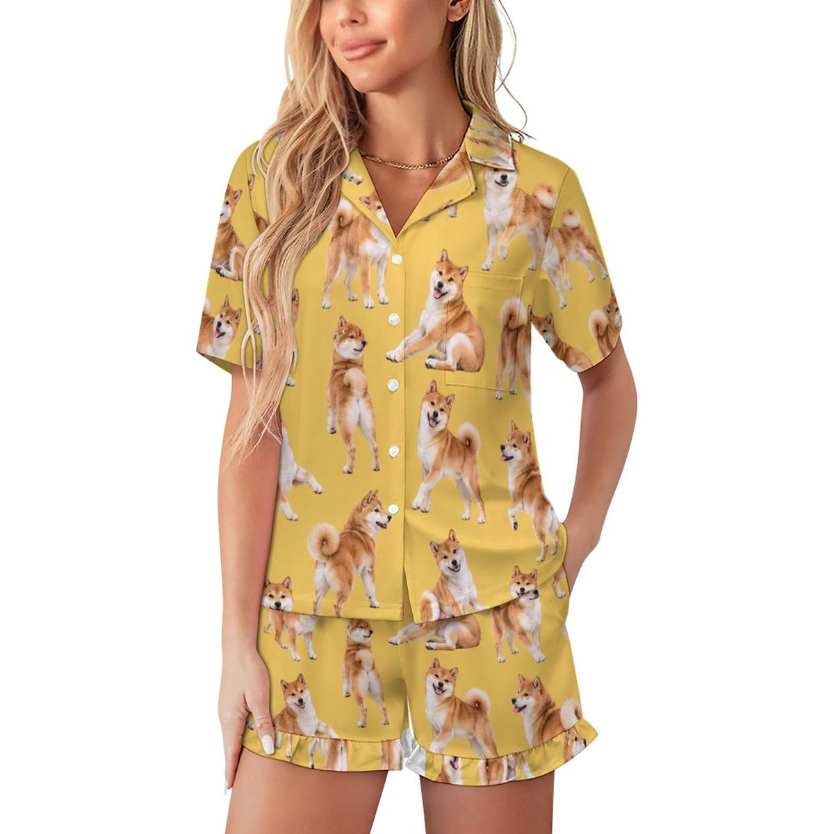 Dog Lover Collection, Shiba Inu180gsm Ruffled Short-Sleeve Pajama Set(All-Over Printing)