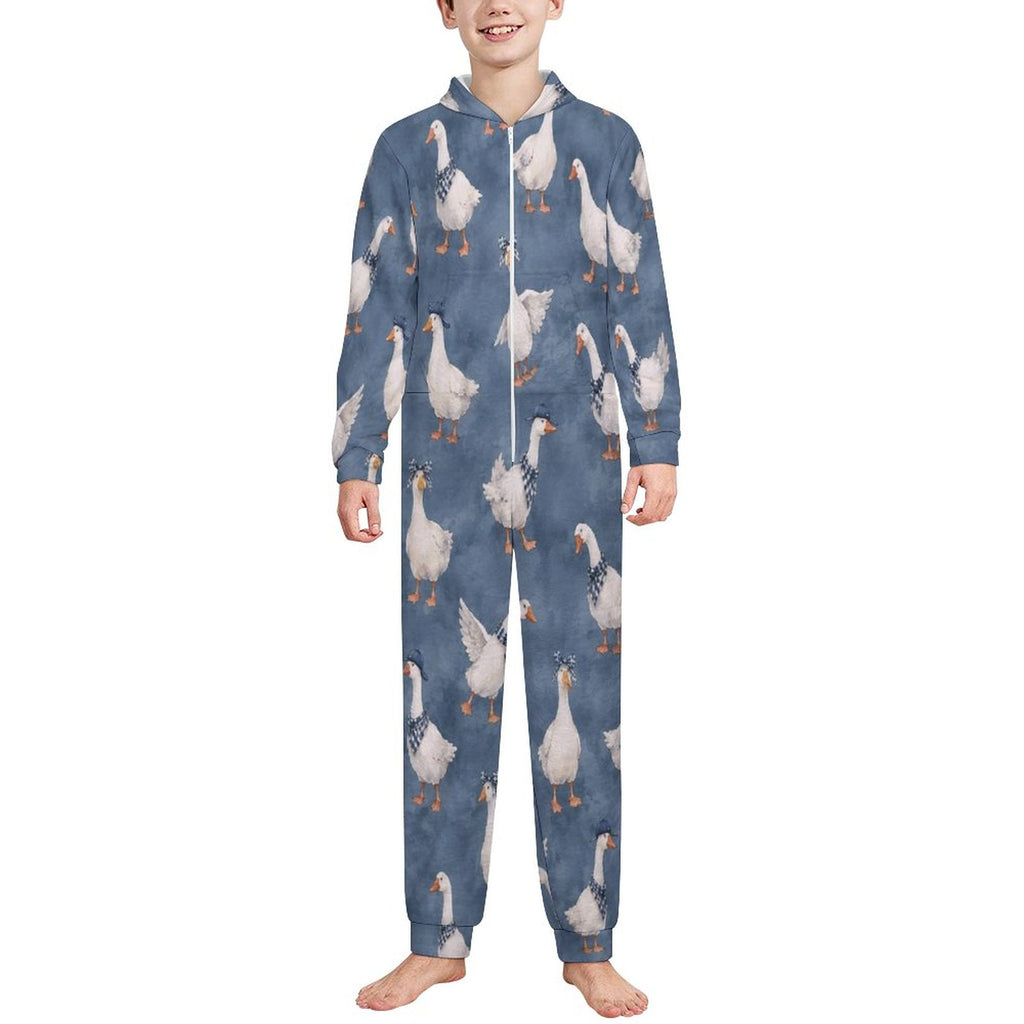 Silly goose,  denim- 250gsm Flannel Footless Zip up Kid Jumpsuit Pajamas(All-Over Printing)