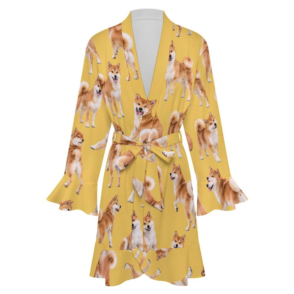 120gsm Women's Ruffle Long Sleeve Robe(All-Over Printing)