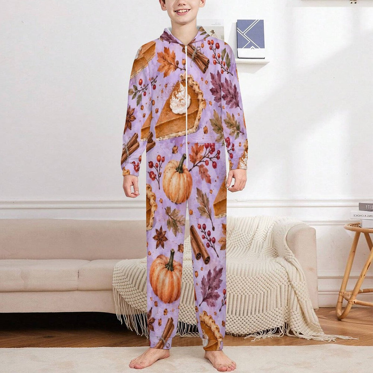 Pumpkin pie, 250gsm Flannel Footless Zip up Kid Jumpsuit Pajamas(All-Over Printing)