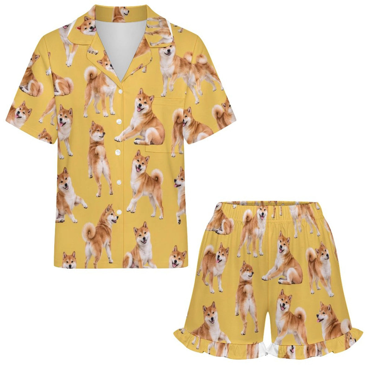 Dog Lover Collection, Shiba Inu180gsm Ruffled Short-Sleeve Pajama Set(All-Over Printing)