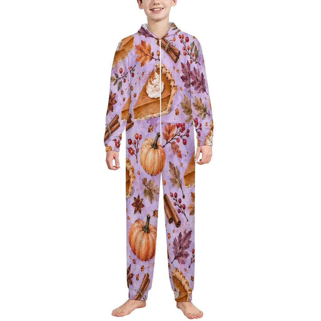Pumpkin pie, 250gsm Flannel Footless Zip up Kid Jumpsuit Pajamas(All-Over Printing)
