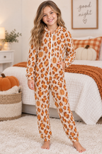 Pumpkin Leopard Print, 250gsm Flannel Footless Zip up Kid Jumpsuit Pajamas(All-Over Printing)