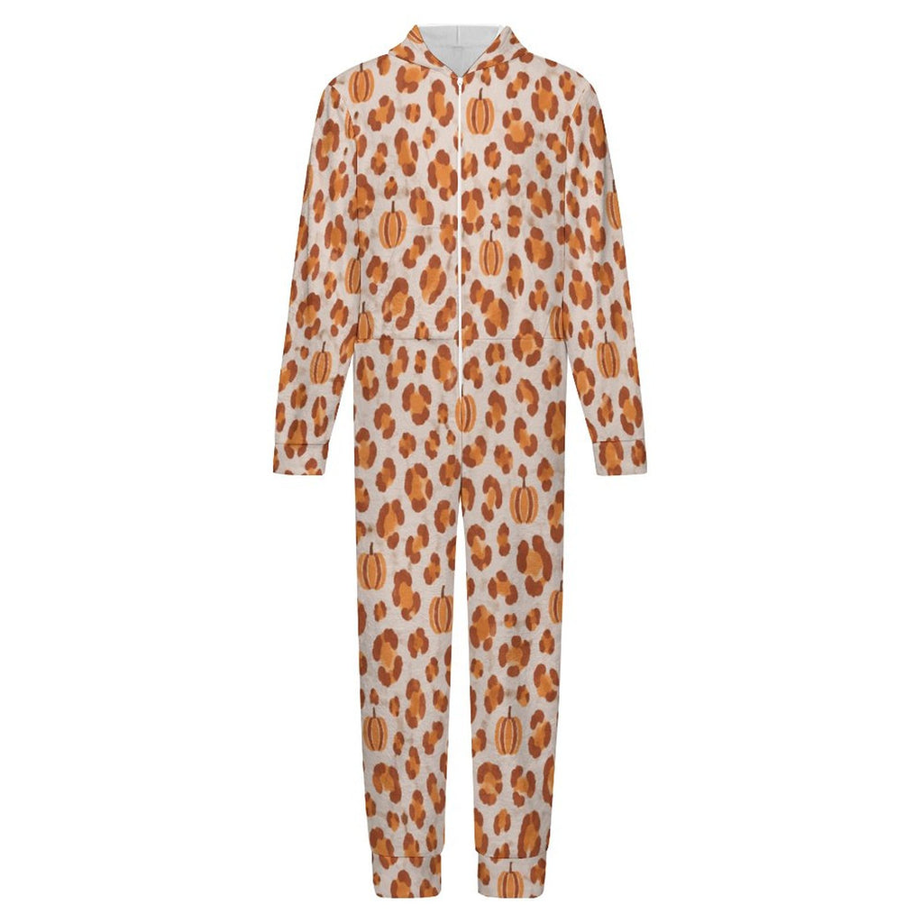 Pumpkin Leopard Print, 250gsm Flannel Footless Zip up Kid Jumpsuit Pajamas(All-Over Printing)
