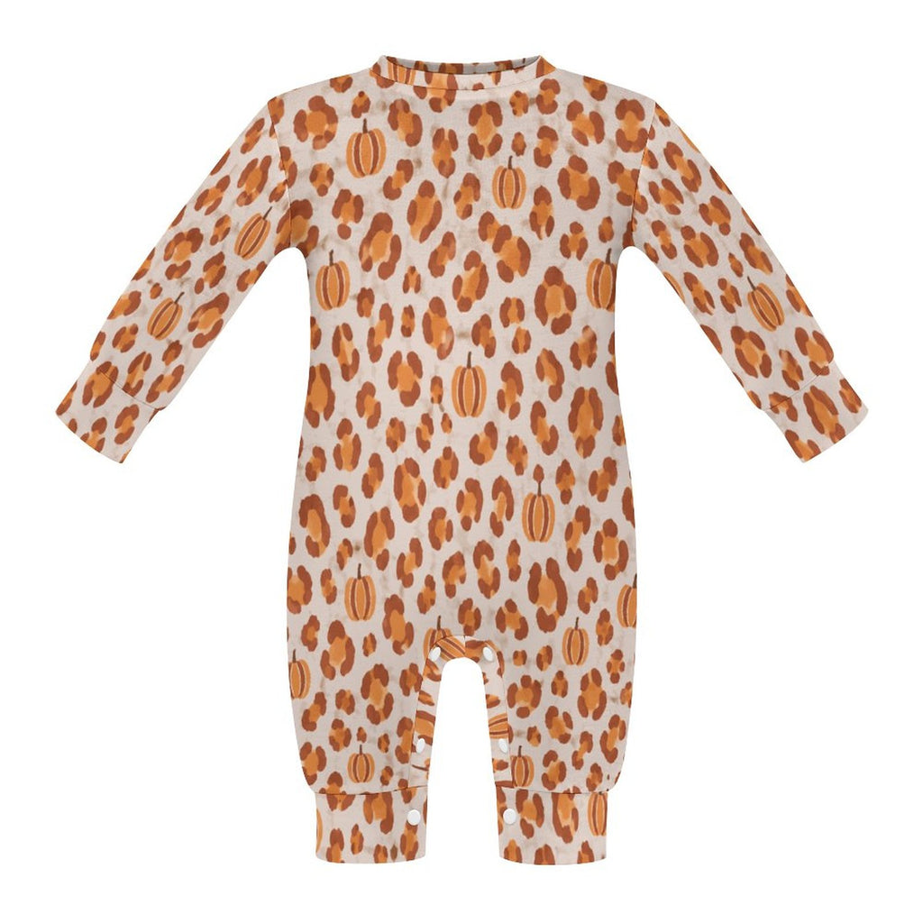 Pumpkin Leopard Print, Cotton Long Sleeve Infant Bodysuit (All-Over Printing)