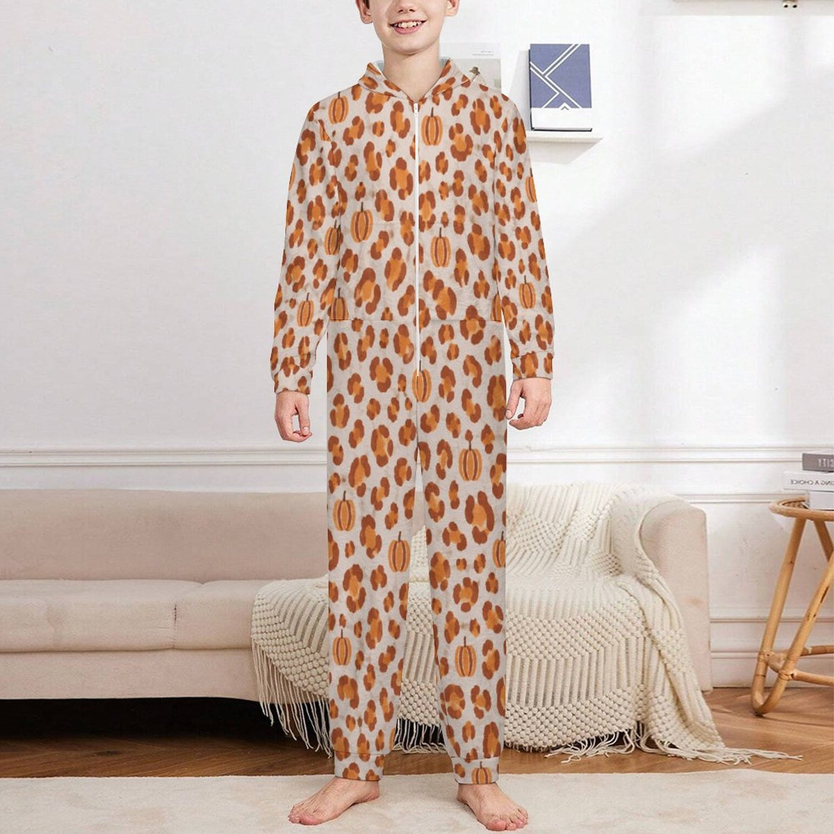 Pumpkin Leopard Print, 250gsm Flannel Footless Zip up Kid Jumpsuit Pajamas(All-Over Printing)